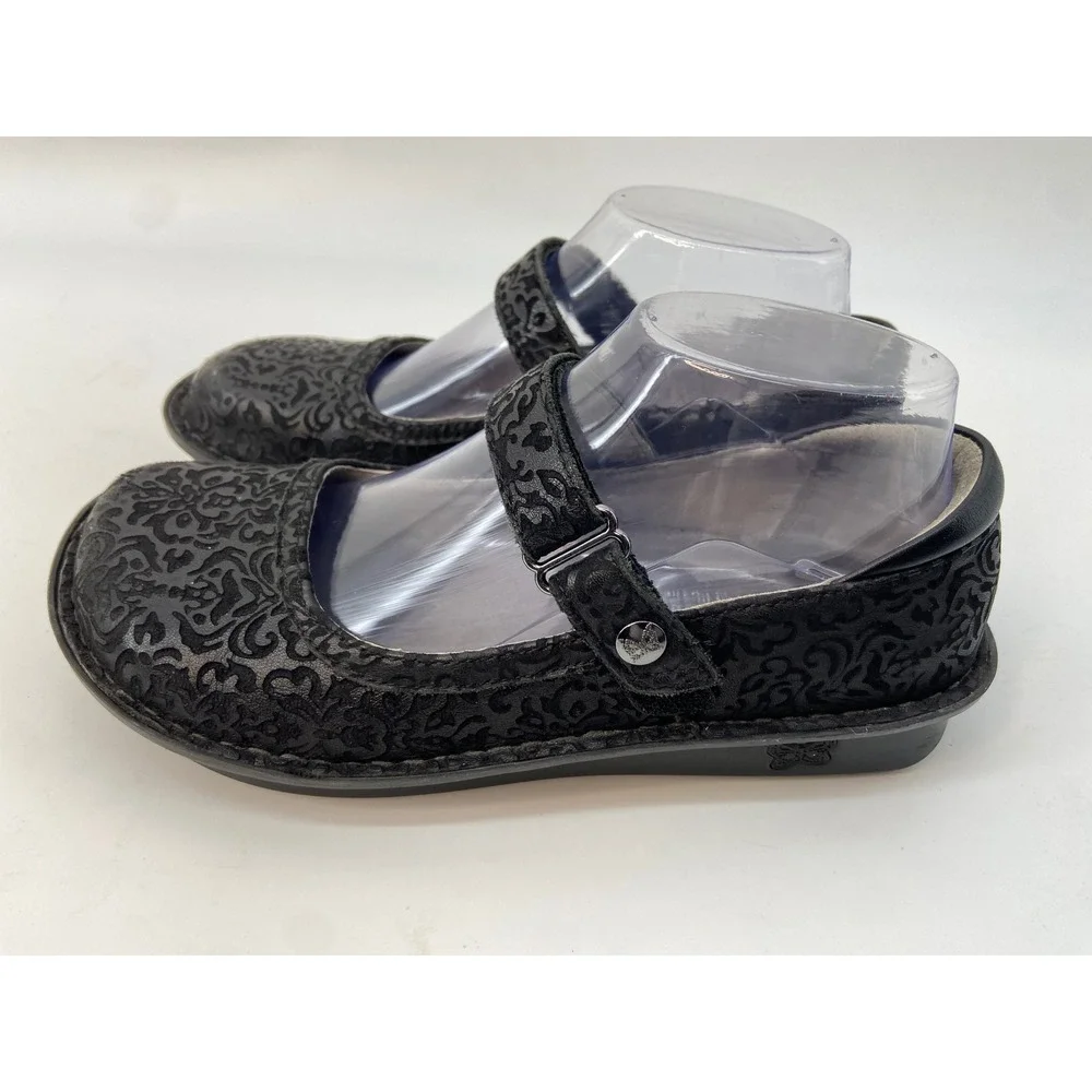 Alegria Mary Jane Shoes Women 37 Black Belle BEL-265 Embossed Goth Nurse Comfort